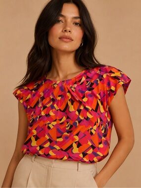 Evan-Picone Abstract Geometric Print Blouse Colorful Statement Top XXL